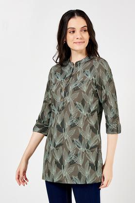 printed rayon collared women's tunic - olive