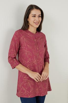 printed rayon collared women's tunic - pink
