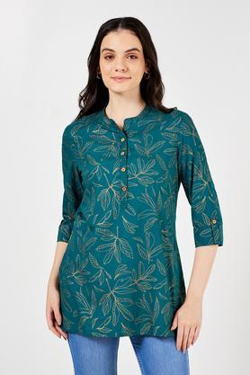 printed rayon collared women's tunic - teal