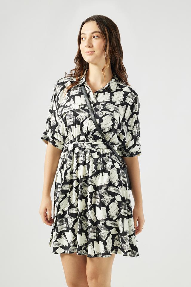 printed rayon collared womens knee length dress