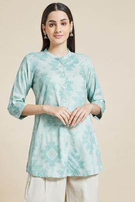 printed rayon mandarin women's casual wear tunic - aqua