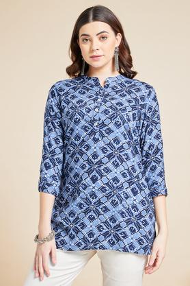 printed rayon mandarin women's casual wear tunic - blue