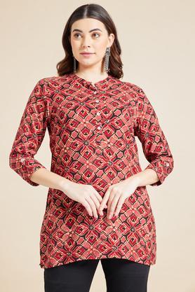 printed rayon mandarin women's casual wear tunic - brown
