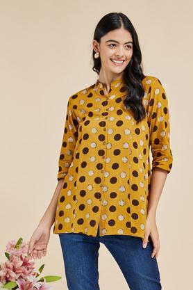 printed rayon mandarin women's casual wear tunic - mustard