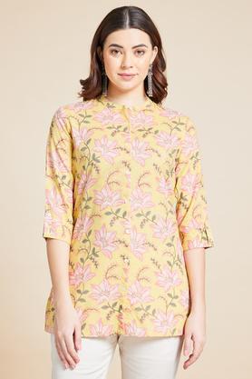 printed rayon mandarin women's casual wear tunic - yellow