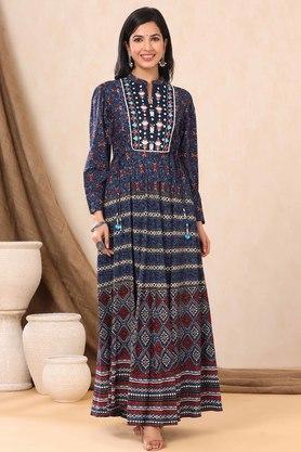 printed rayon mandarin women's flared dress - indigo