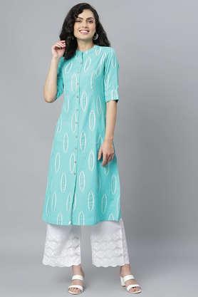 printed rayon mandarin women's kurta - light blue