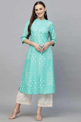 printed rayon mandarin women's kurta - turquoise