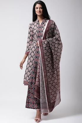 printed rayon mandarin women's kurta palazzo dupatta set - black