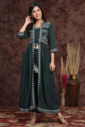 printed rayon mandarin women's kurta pant set - green