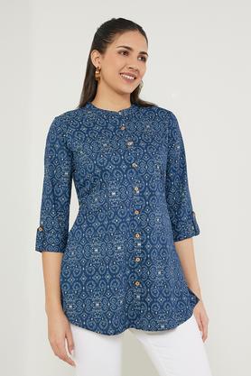 printed rayon mandarin women's tunic - blue