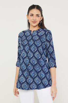 printed rayon mandarin women's tunic - blue