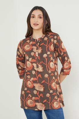 printed rayon mandarin women's tunic - brown
