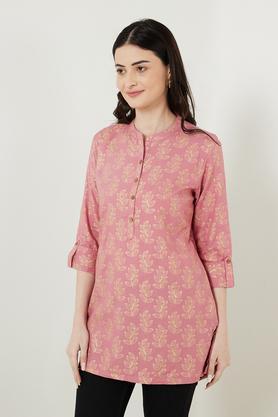 printed rayon mandarin women's tunic - dusty pink