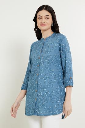 printed rayon mandarin women's tunic - indigo