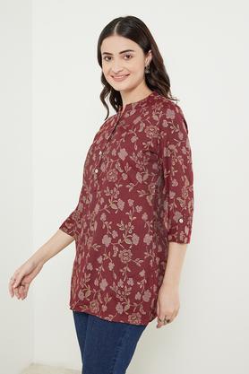 printed rayon mandarin women's tunic - maroon