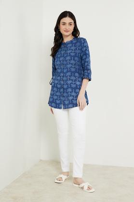 printed rayon mandarin women's tunic - navy