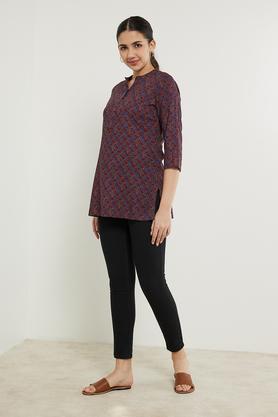 printed rayon mandarin women's tunic - navy