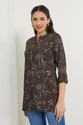 printed rayon mandarin women's tunic - olive