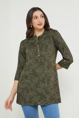 printed rayon mandarin women's tunic - olive