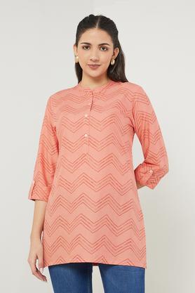 printed rayon mandarin women's tunic - peach