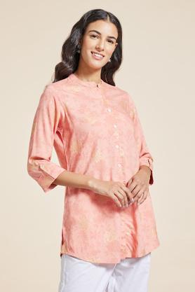 printed rayon mandarin women's tunic - peach