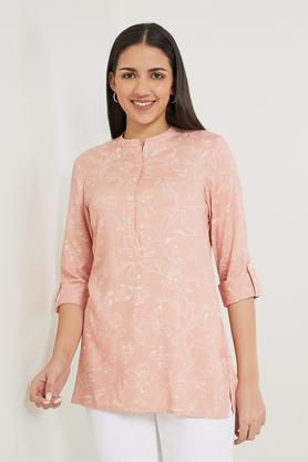 printed rayon mandarin women's tunic - pink