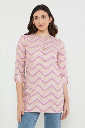 printed rayon mandarin women's tunic - pink