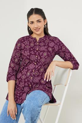 printed rayon mandarin women's tunic - purple