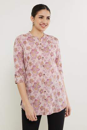 printed rayon mandarin women's tunic - purple