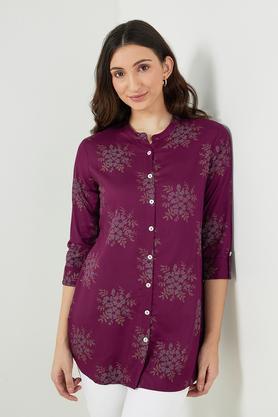 printed rayon mandarin women's tunic - purple