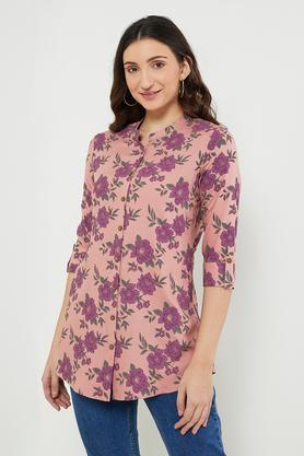 printed rayon mandarin women's tunic - purple