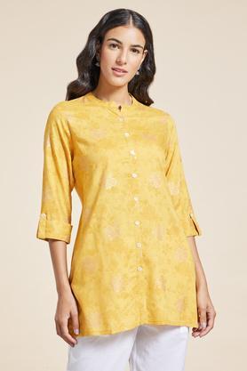 printed rayon mandarin women's tunic - yellow