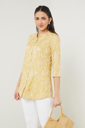 printed rayon mandarin women's tunic - yellow