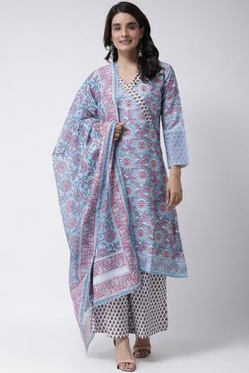 printed rayon mandarin womens kurta palazzo set - blue