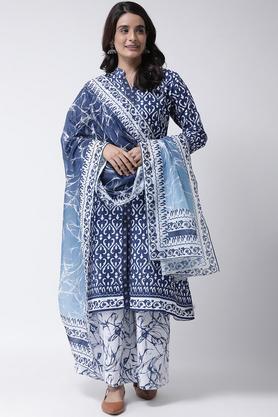 printed rayon mandarin womens kurta palazzo set - blue