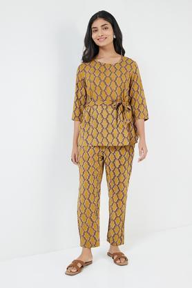 printed rayon regular fit women's co-ord set - mustard