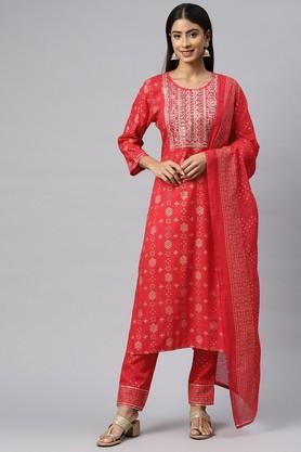 printed rayon regular fit women's kurta set - red
