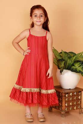 printed rayon round neck girls dress with cape - red