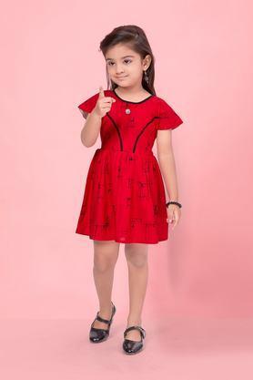 printed rayon round neck girls party wear dress - red