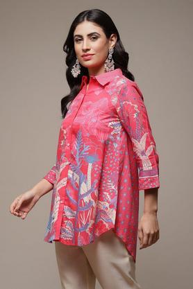 printed rayon round neck women's casual shirt - coral