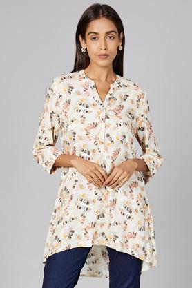 printed rayon round neck women's casual tunic - natural