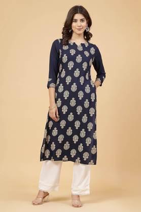 printed rayon round neck women's casual wear kurta - blue