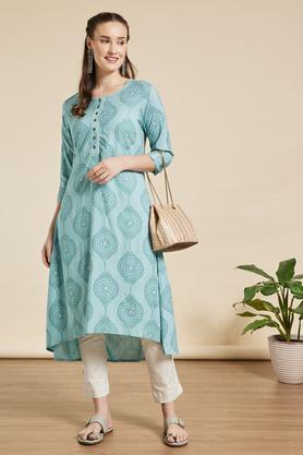 printed rayon round neck women's casual wear kurta - blue