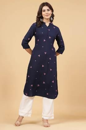 printed rayon round neck women's casual wear kurta - navy