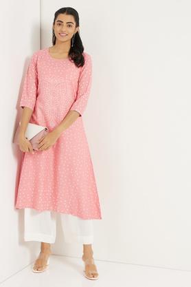 printed rayon round neck women's casual wear kurta - pink