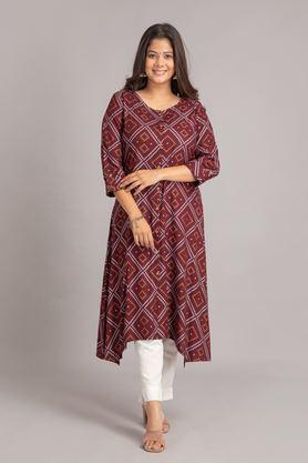printed rayon round neck women's casual wear kurti - maroon