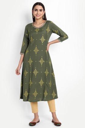 printed rayon round neck women's casual wear kurti - olive