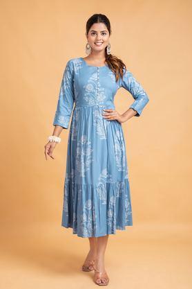 printed rayon round neck women's casual wear kurti - sky blue