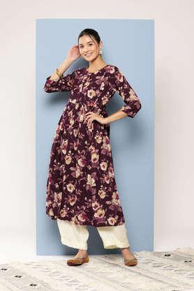 printed rayon round neck women's casual wear kurti - wine